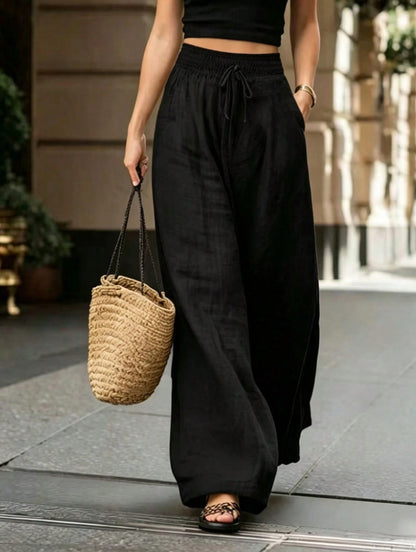 Women's Smocked High Waist Linen Blend Wide Leg Pants