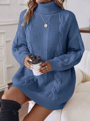 Women's Turtleneck Cable Knit Bodycon Sweater Dress
