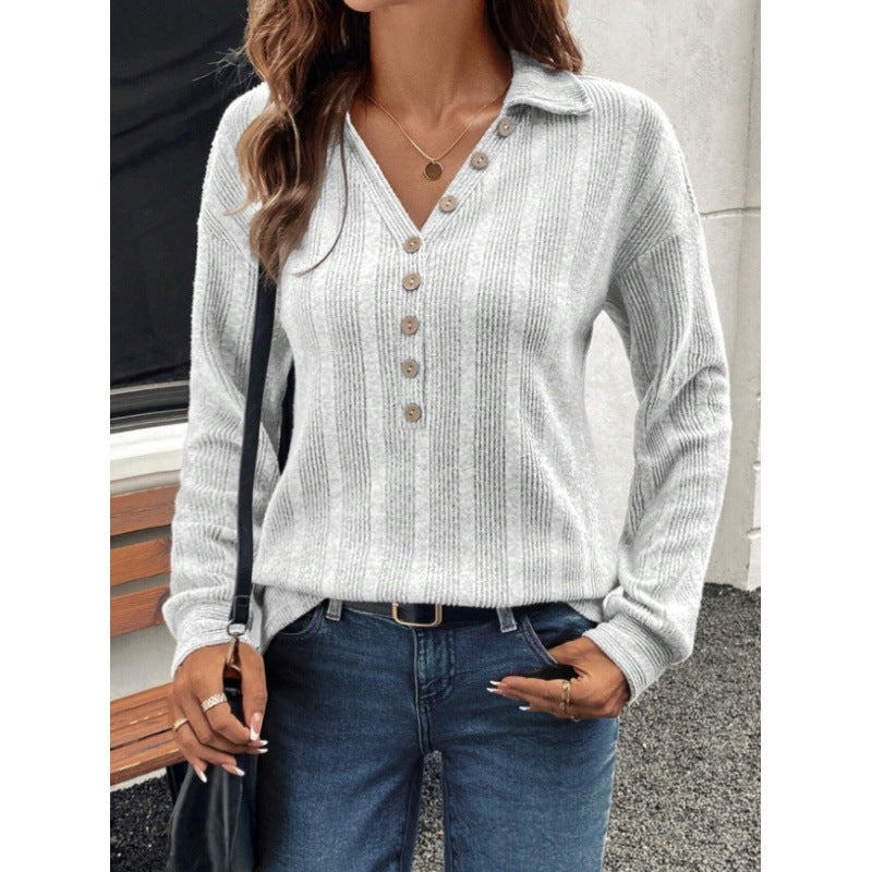 Ribbed Knit Collared V Neck Button Pullover Sweater