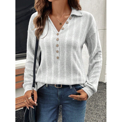 Ribbed Knit Collared V Neck Button Pullover Sweater