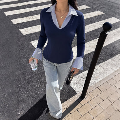 Layered Look V Neck Top Striped Collar Flare Sleeve