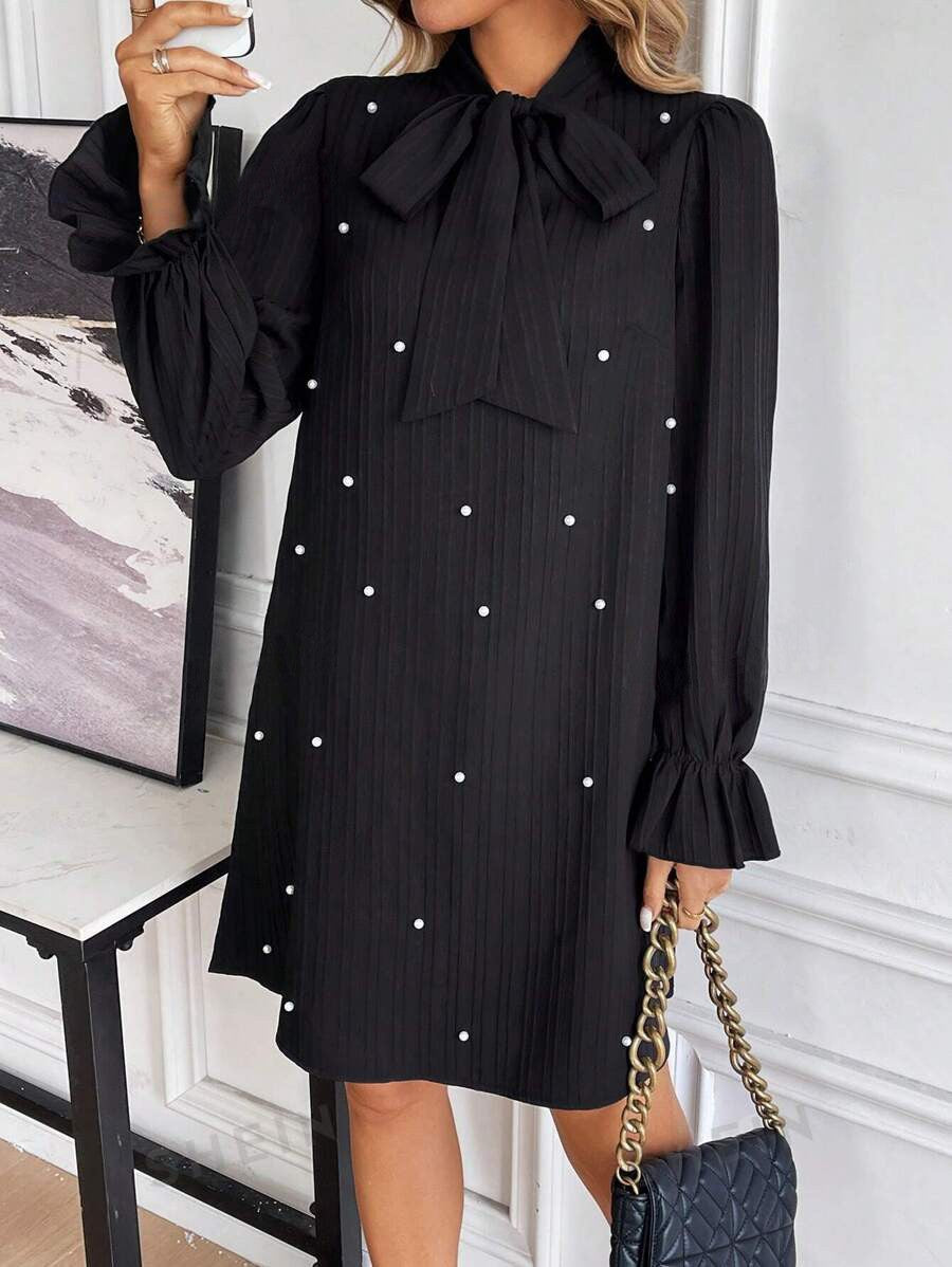 Women's Pearl Beaded Tie Neck Long Sleeve Mini Dress