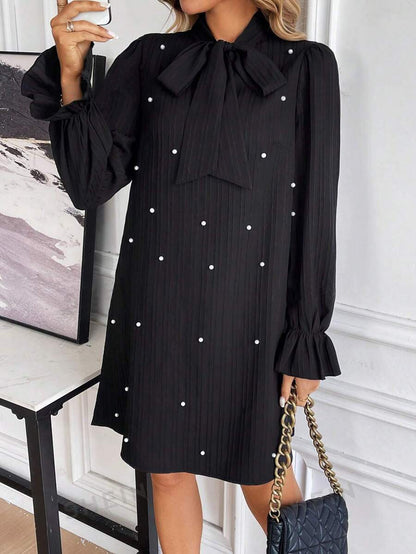 Women's Pearl Beaded Tie Neck Long Sleeve Mini Dress