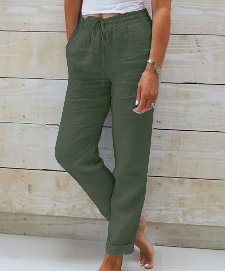 Women's Cotton Linen Drawstring Wide Leg Casual Pants