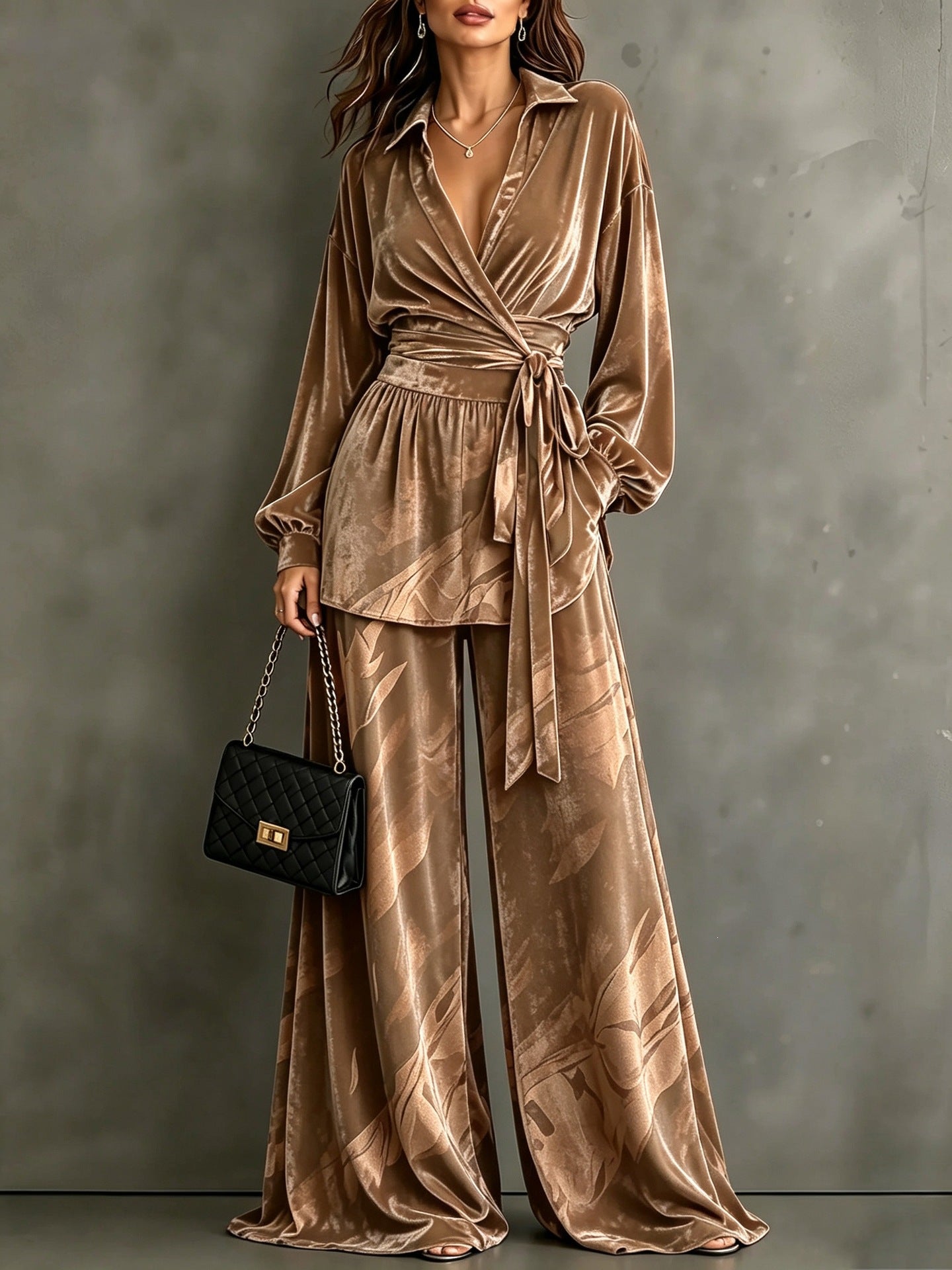 Women's Velvet Wrap Top Wide Leg Pants Two Piece Set