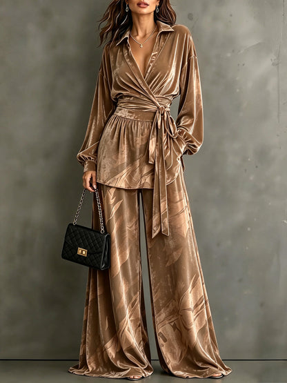 Women's Velvet Wrap Top Wide Leg Pants Two Piece Set
