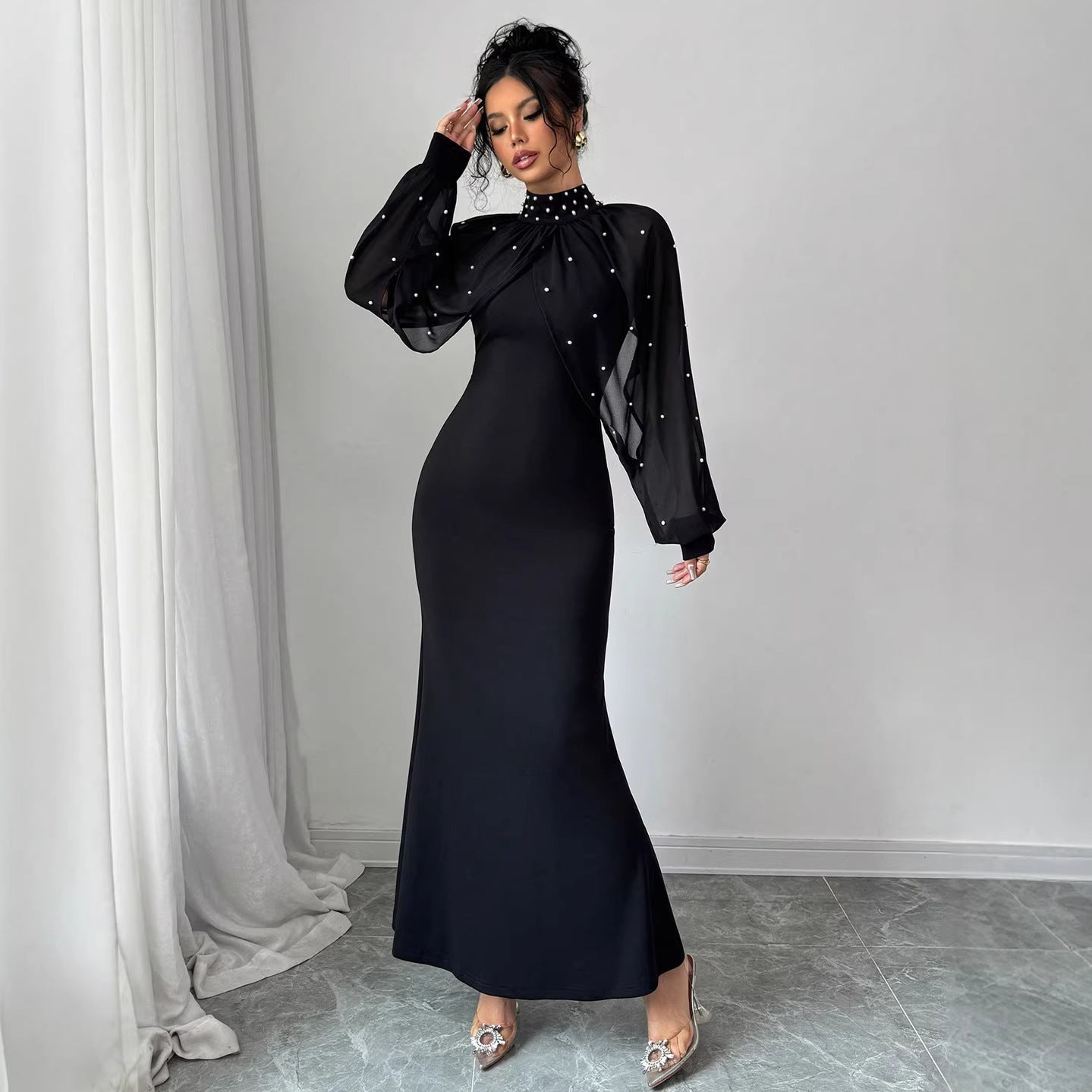 High Neck Rhinestone Mesh Sleeve Mermaid Maxi Dress