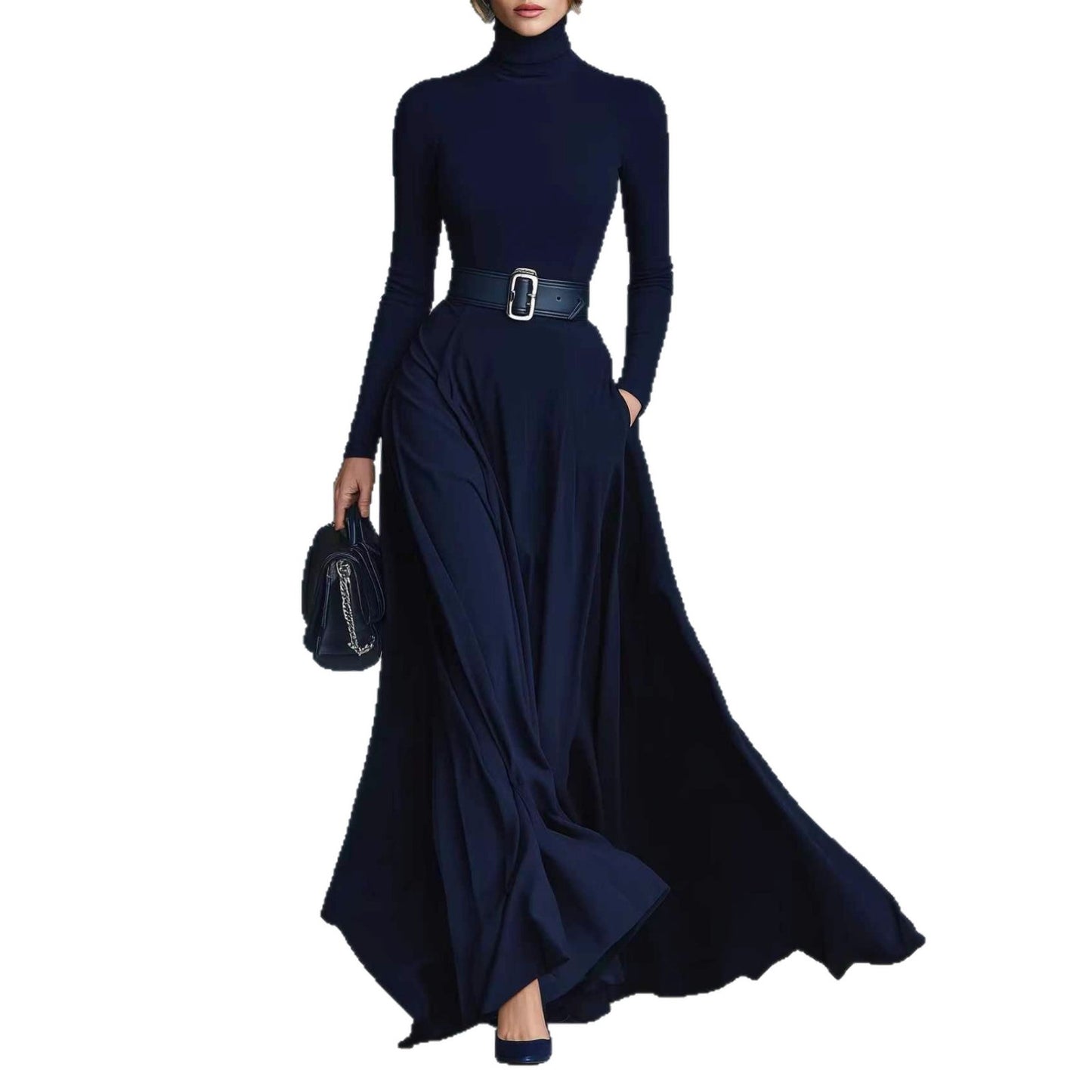 Women's Turtleneck Long Sleeve Fit and Flare Maxi Dress