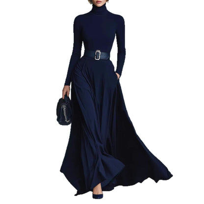 Women's Turtleneck Long Sleeve Fit and Flare Maxi Dress