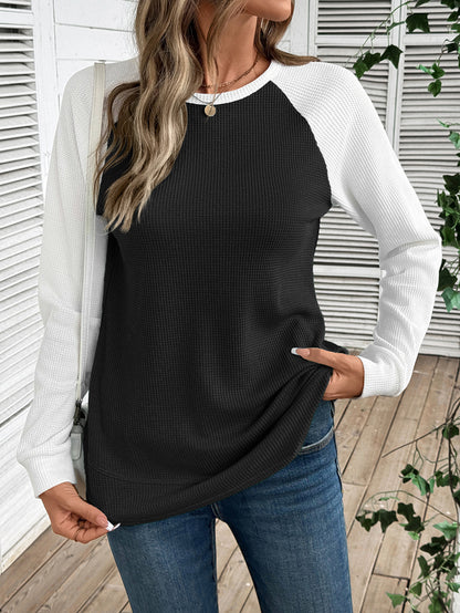 Colorblock Waffle Knit Long Sleeve Top Women Casual Tee
