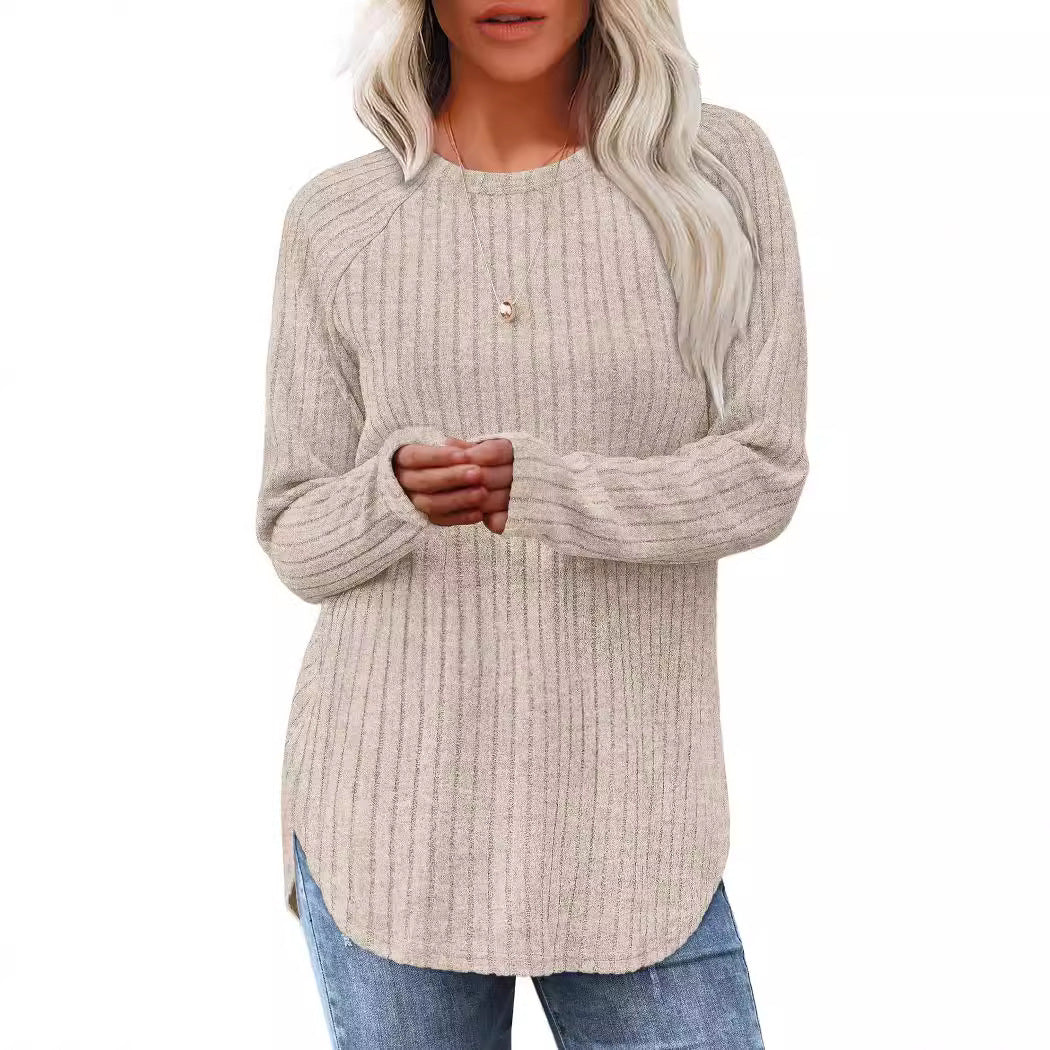 Women's Ribbed Long Sleeve Tunic Top Curved Hem Crew Neck