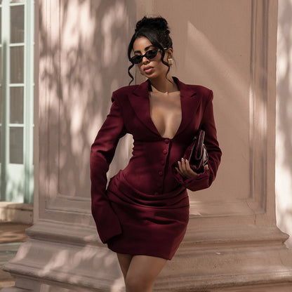Sexy Deep V Blazer Dress Long Sleeve Bodycon Mini Dress