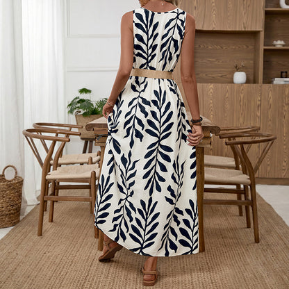Leaf Print Sleeveless Strappy Dress with Belt Side Slit