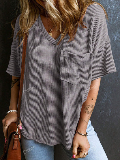 Women’s Ribbed V Neck Short Sleeve Pocket Tee