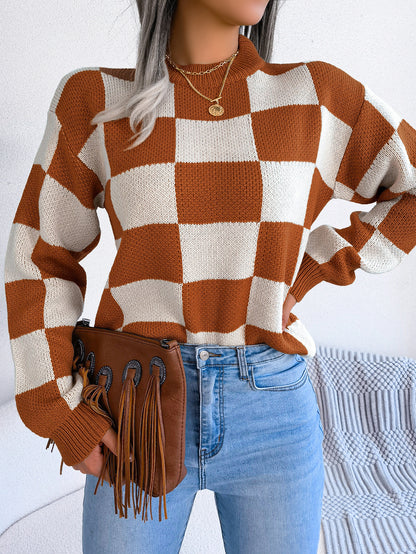Women's Colorblock Checkerboard Balloon Sleeve Sweater