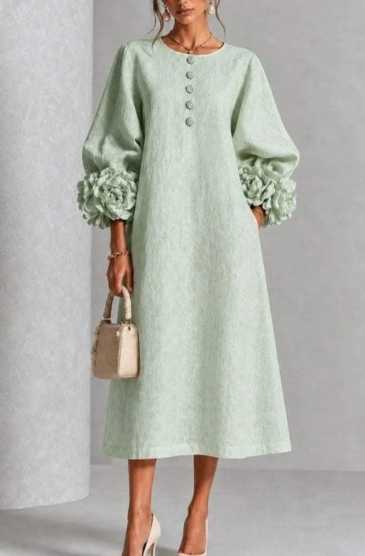 Women's Linen Midi Dress 3D Floral Cuff Button Front
