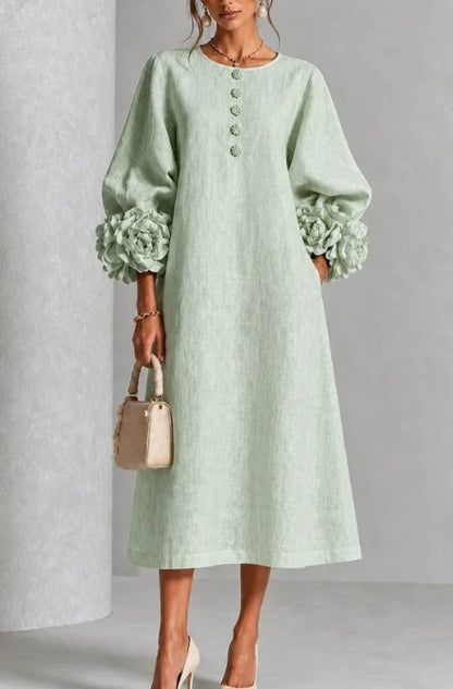 Women's Linen Midi Dress 3D Floral Cuff Button Front
