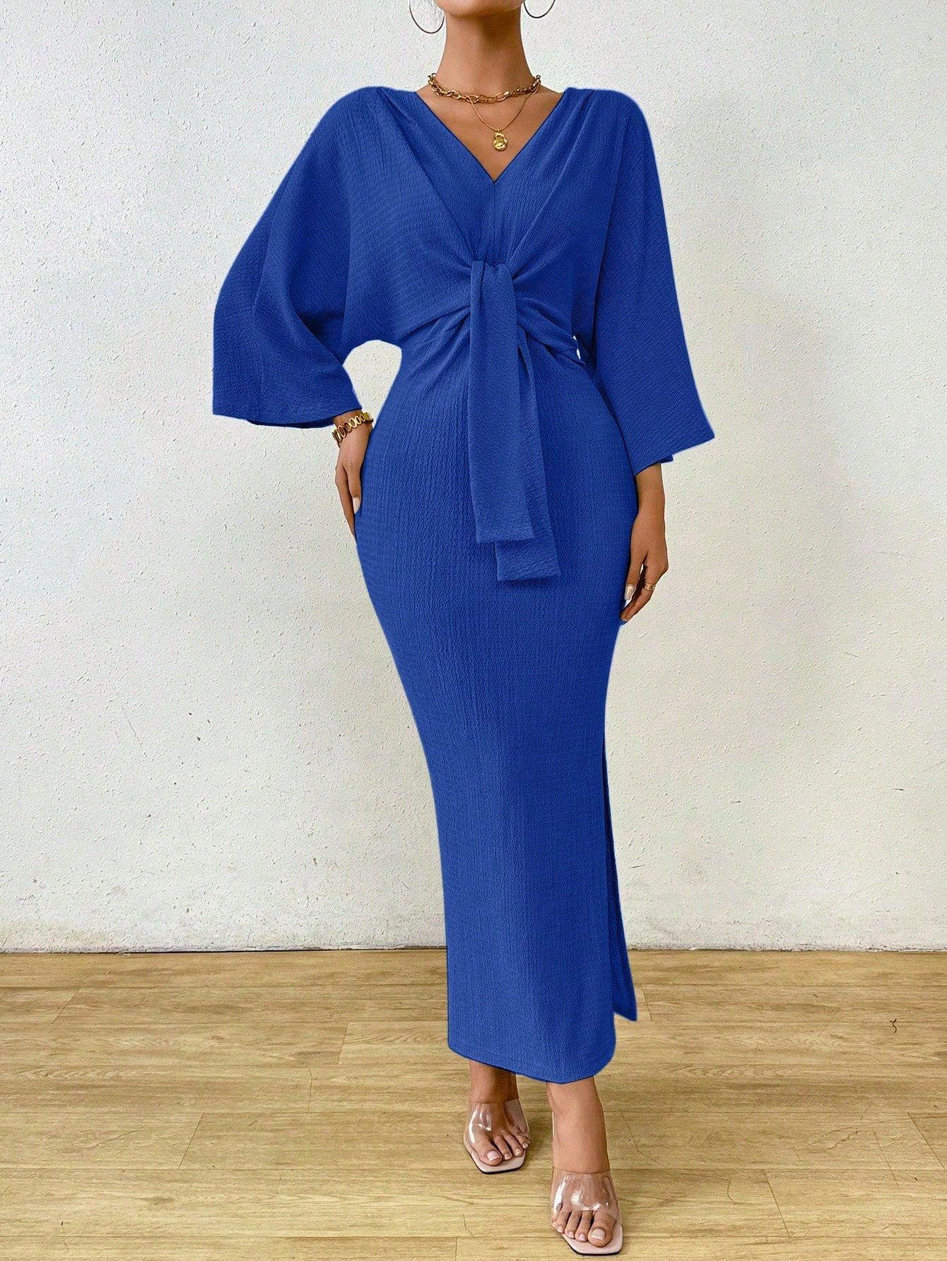 Women's V-Neck Tie Front Ruched Midi Dress with Slit