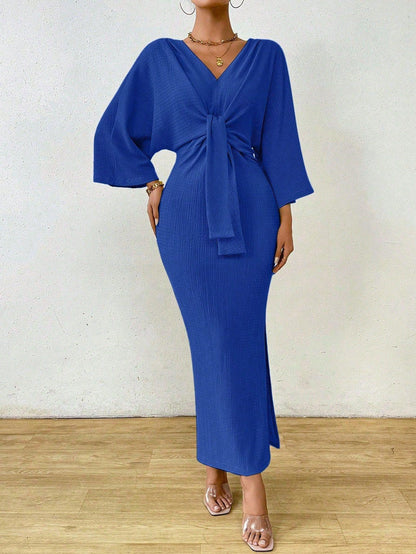 Women's V-Neck Tie Front Ruched Midi Dress with Slit