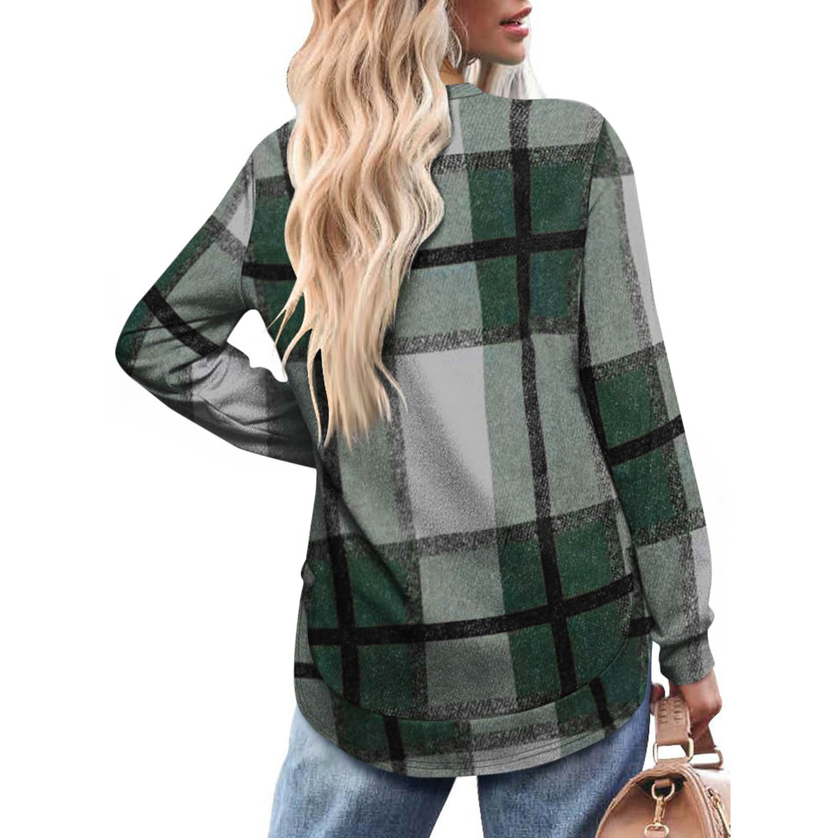 Women's Oversized Plaid Long Sleeve Tunic Top Curved Hem