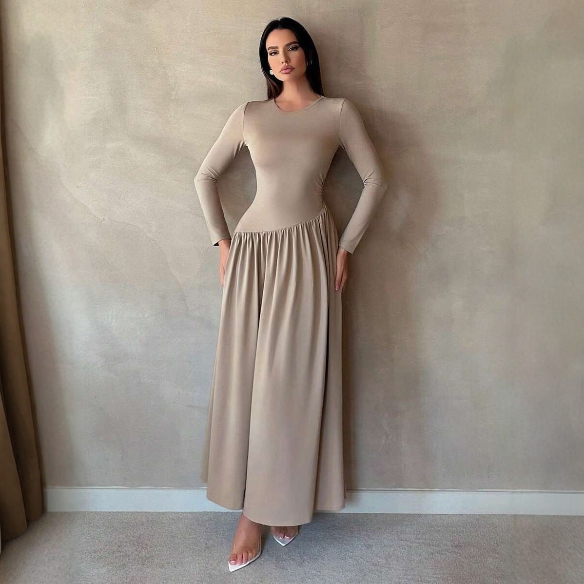 Crew Neck Long Sleeve Fit and Flare Maxi Dress