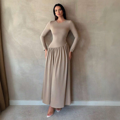 Crew Neck Long Sleeve Fit and Flare Maxi Dress