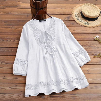 Women's Boho Lace Cotton Linen 3/4 Sleeve Tunic Blouse