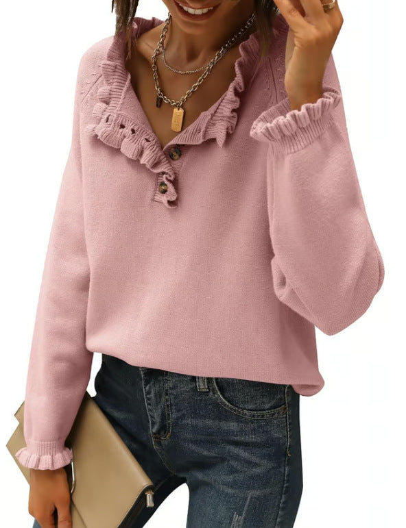 Women's Ruffle Button Knit Sweater Long Sleeve Tunic