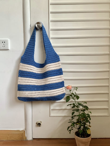 Women's Striped Knitted Bag Hollowed Out Handbag Shoulder Bag Crochet Knitting Beach Bag