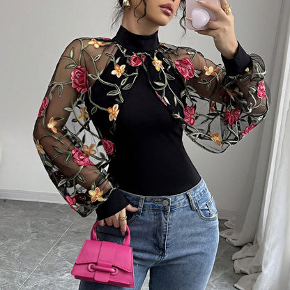 Floral Embroidered Mesh Sleeve Top Mock Neck