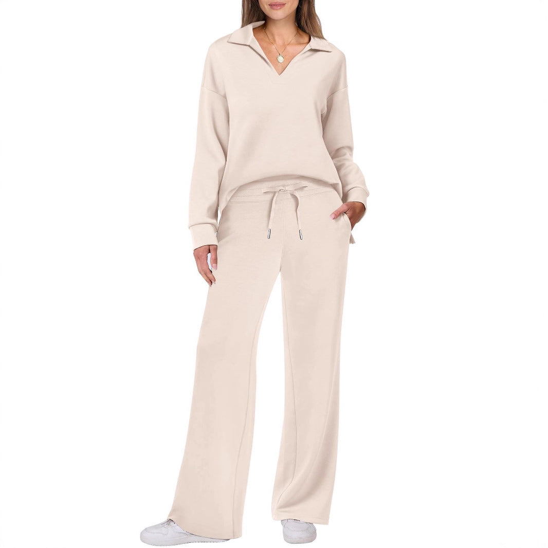 Women's 2-Piece Set Collared Top Drawstring Wide Leg Pants