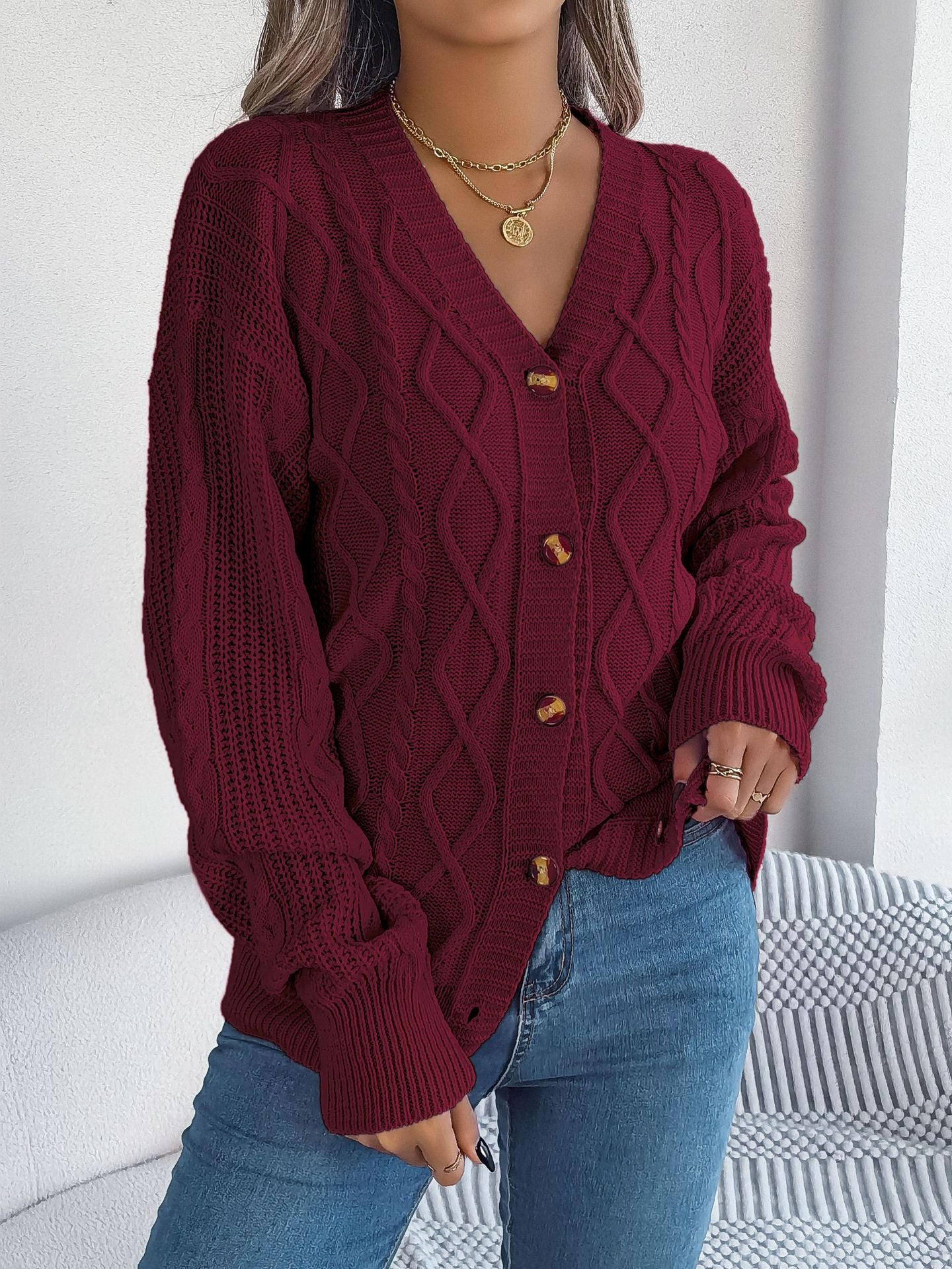 Fall Winter Cable Knit V Neck Lantern Sleeve Cardigan