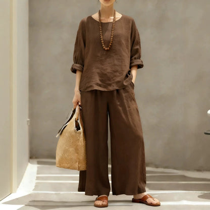 Women's Linen Cotton Matching Set Wide Leg Pants Two Piece