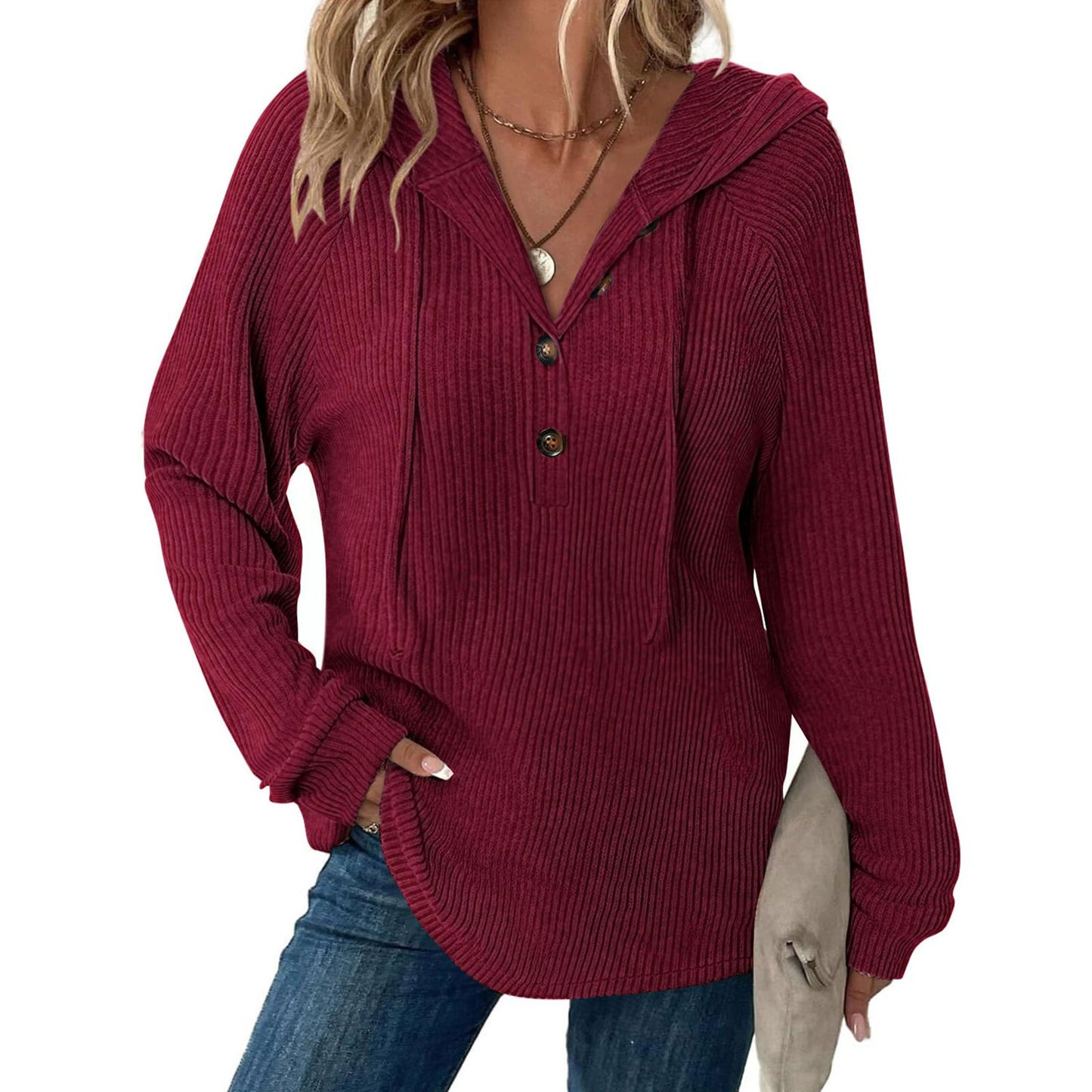 Women’s Knit Hooded Pullover Button V Neck Sweater