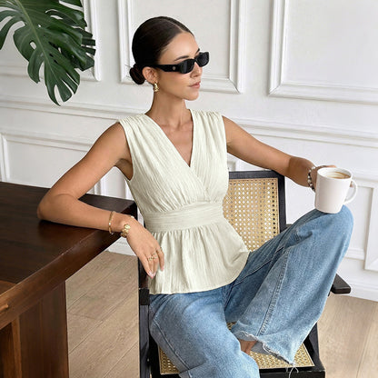 New V-Neck Tie-Back Waist Cinch Sleeveless Blouse – Summer Women’s Top