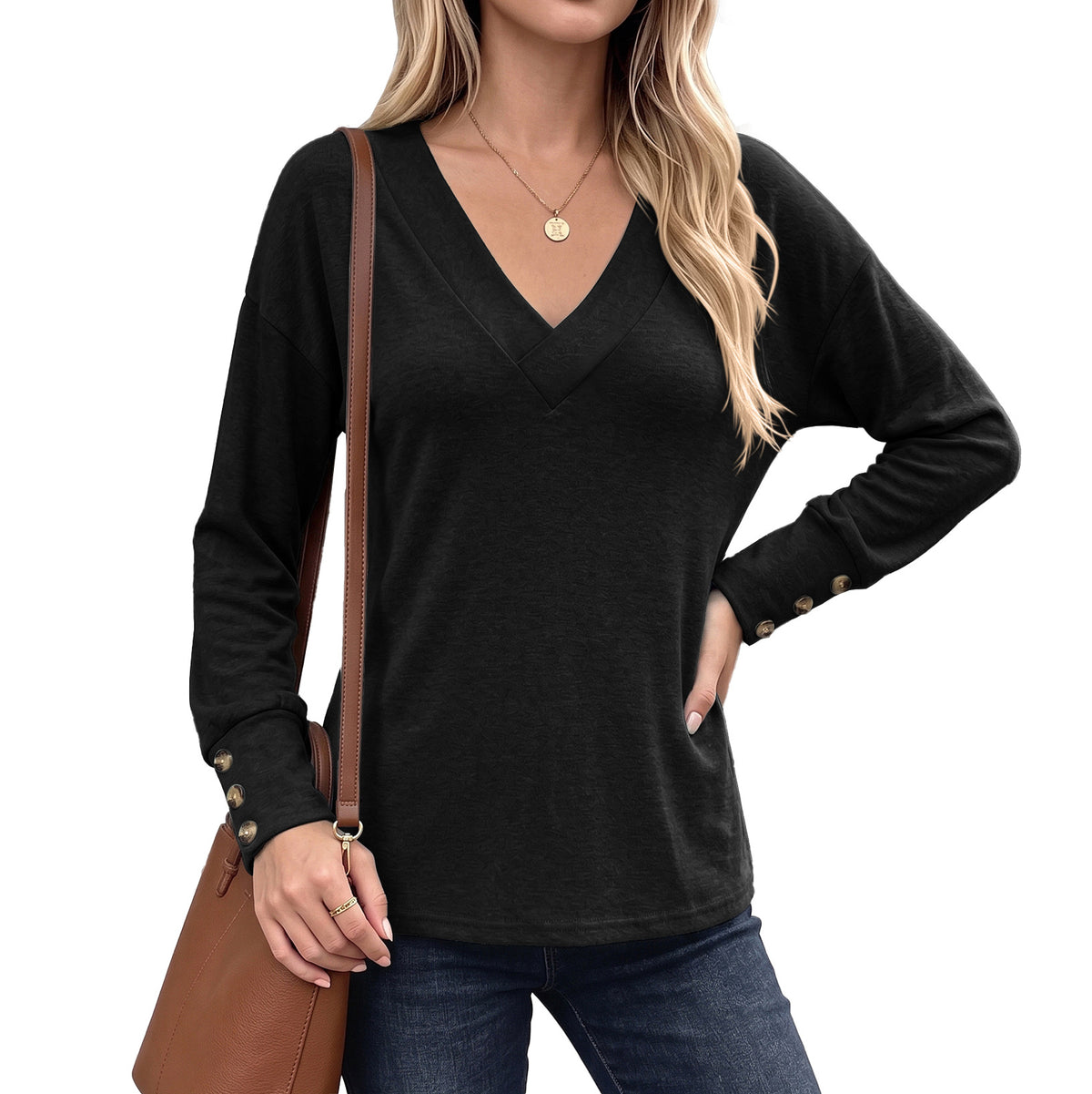 Womens Oversized V Neck Long Sleeve Button Cuff Top