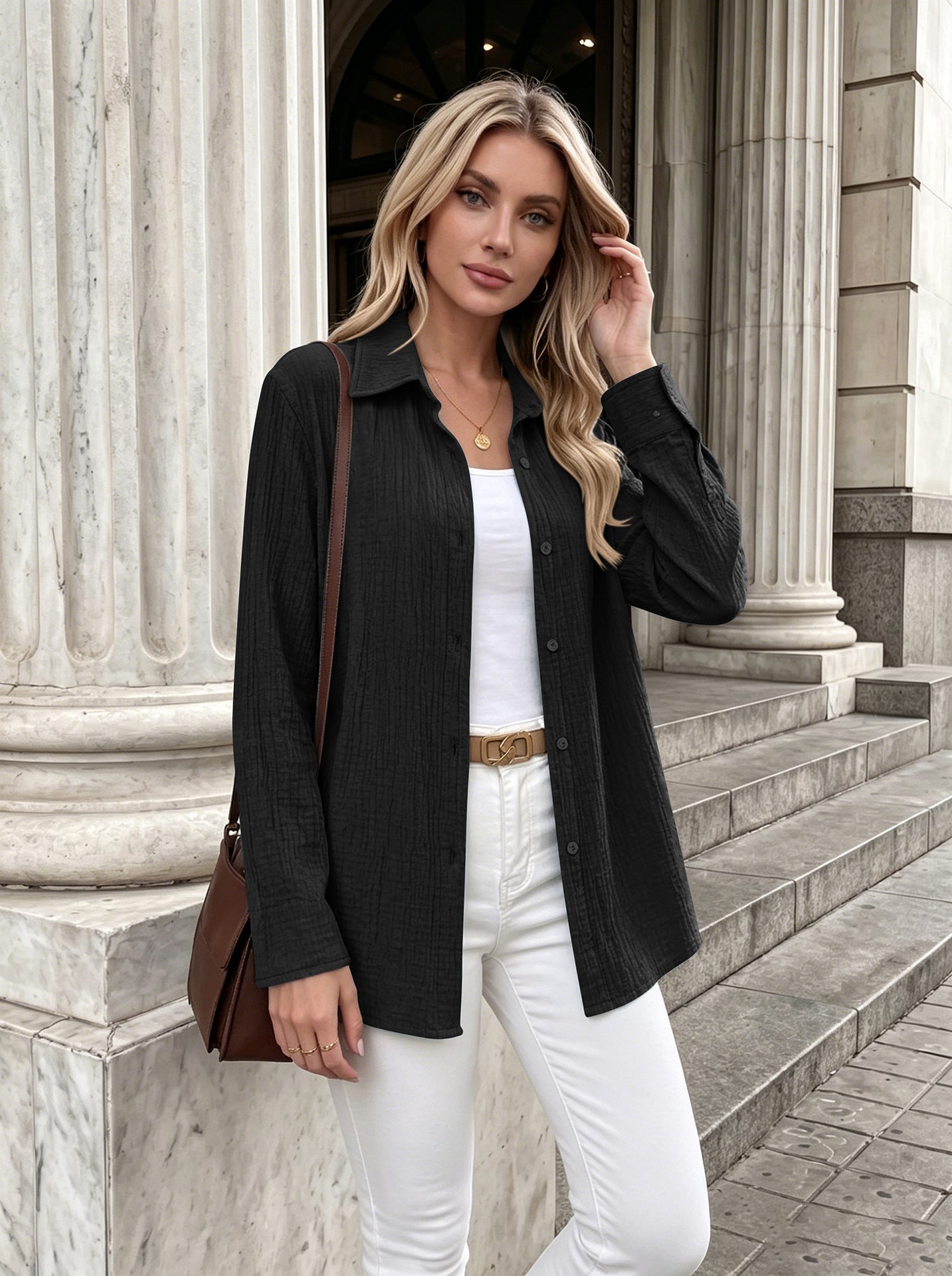 Textured Gauze Button Shirt Roll Tab Sleeve Top