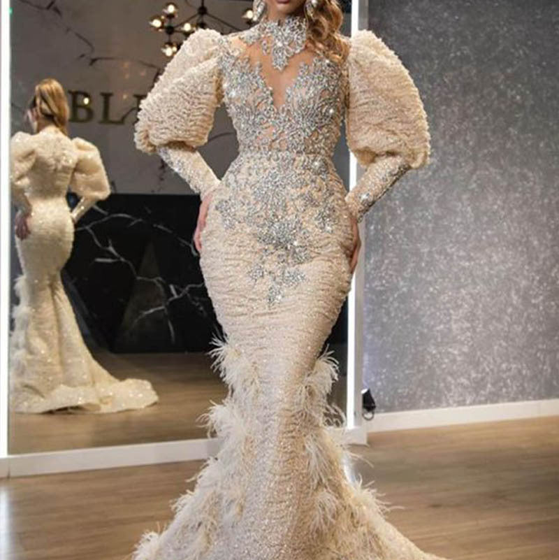 Crystal Feather Mermaid Evening Gown V-Neck Puff Sleeve