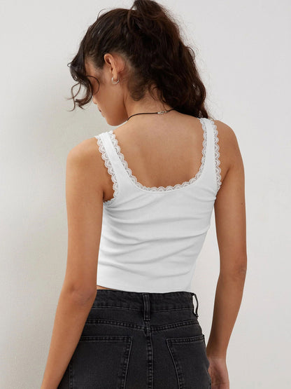 Ribbed Lace Trim Cami Top Slim Fit Cropped Tank