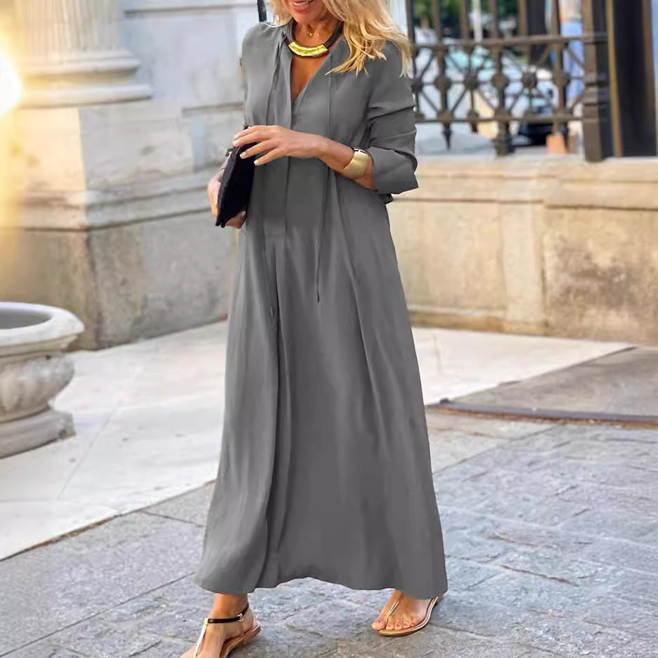 Women's Flowy Long Sleeve Maxi Shirt Dress With Pockets
