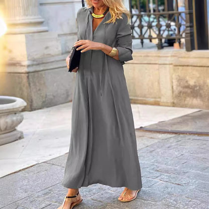 Women's Flowy Long Sleeve Maxi Shirt Dress With Pockets