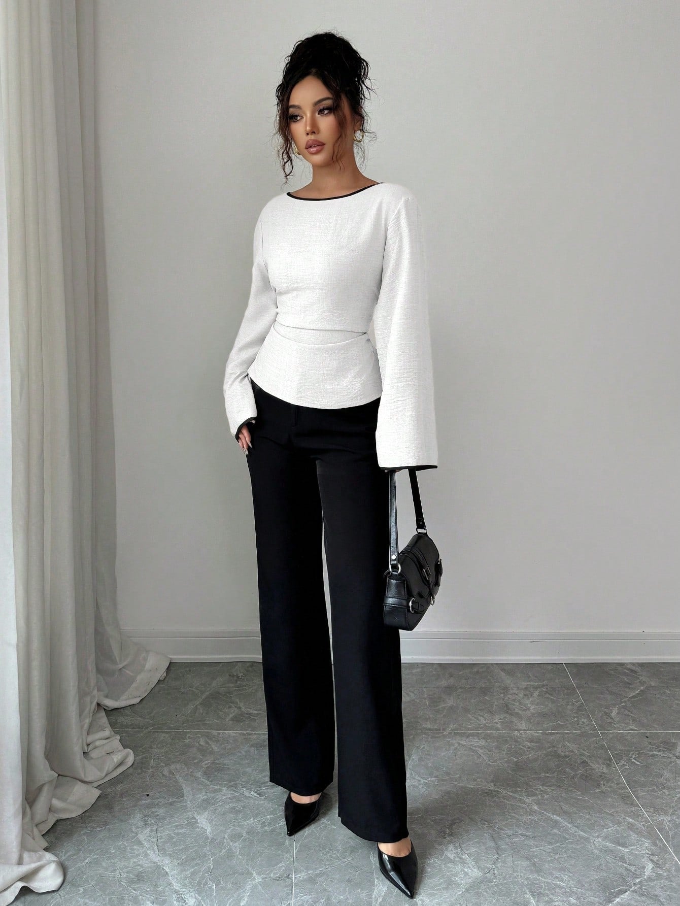 Women's Elegant Boat Neck Bell Sleeve Cinched Waist Blouse