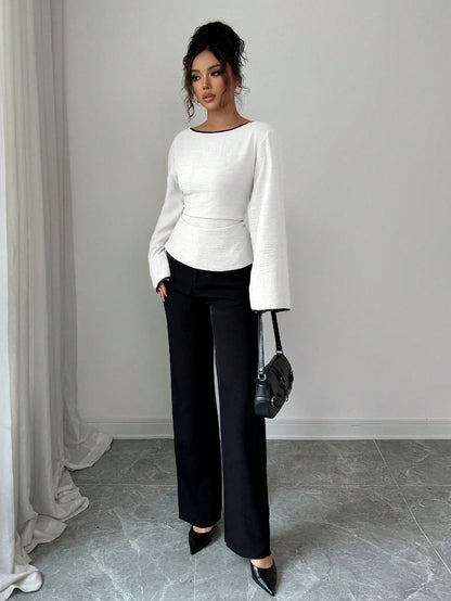 Women's Elegant Boat Neck Bell Sleeve Cinched Waist Blouse