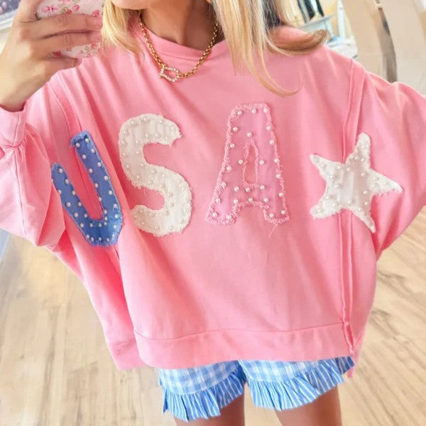 USA Patch Pearl Sweatshirt Batwing Sleeve Loose Fit
