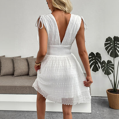 White Smocked V Neck Mini Dress Sleeveless Summer Style