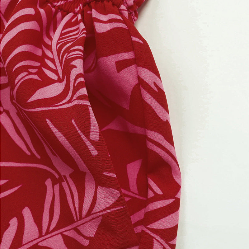 Strapless Tropical Print Smocked Romper with Pockets
