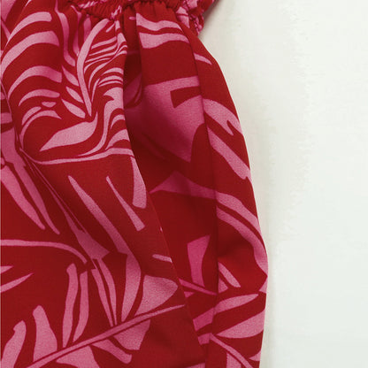 Strapless Tropical Print Smocked Romper with Pockets