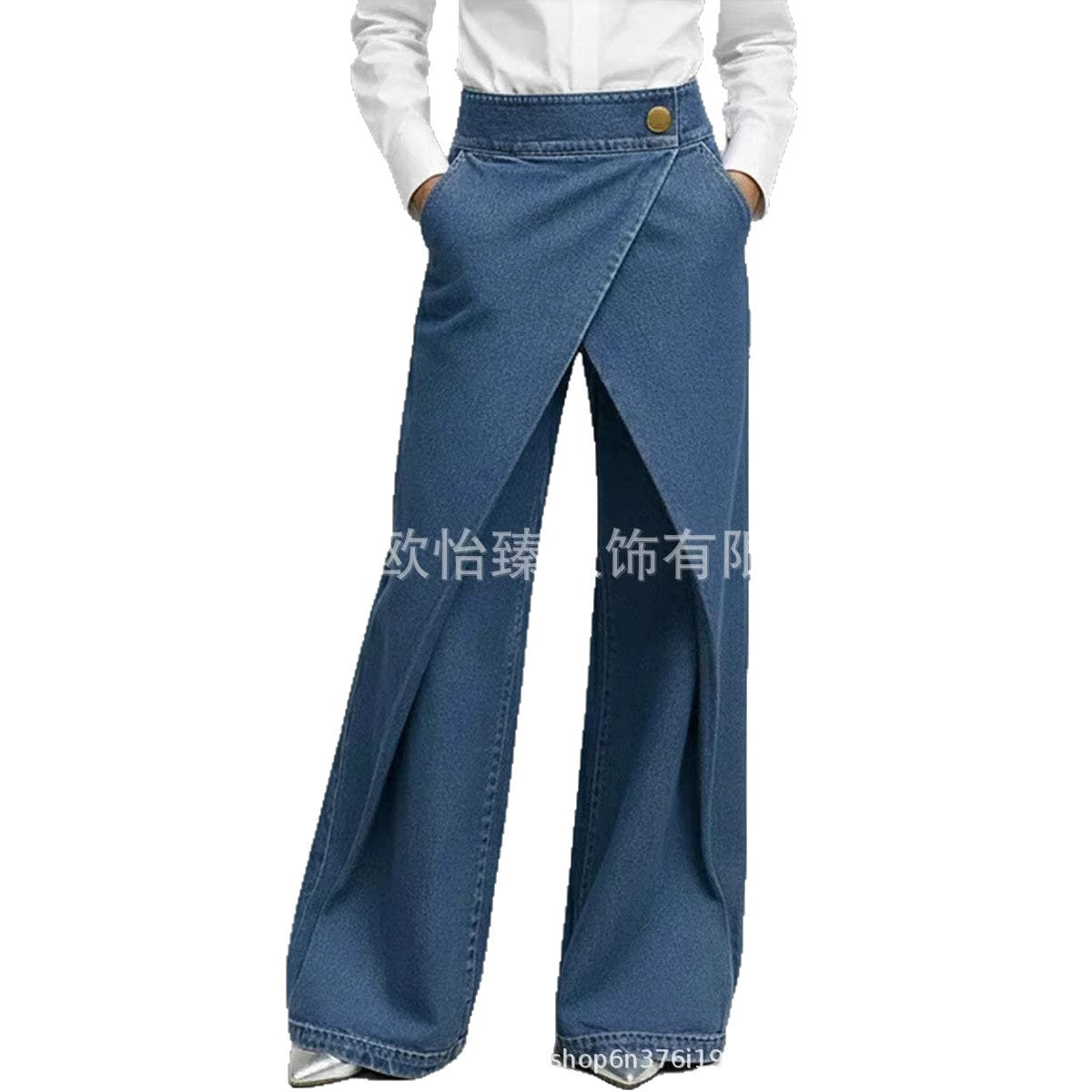 Women's Crossover Wide Leg Jeans Washed Denim
