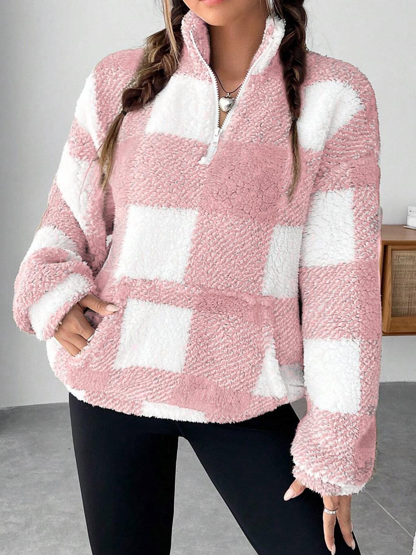 Womens Checkered Sherpa Quarter Zip Fleece Pullover