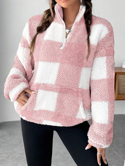 Womens Checkered Sherpa Quarter Zip Fleece Pullover